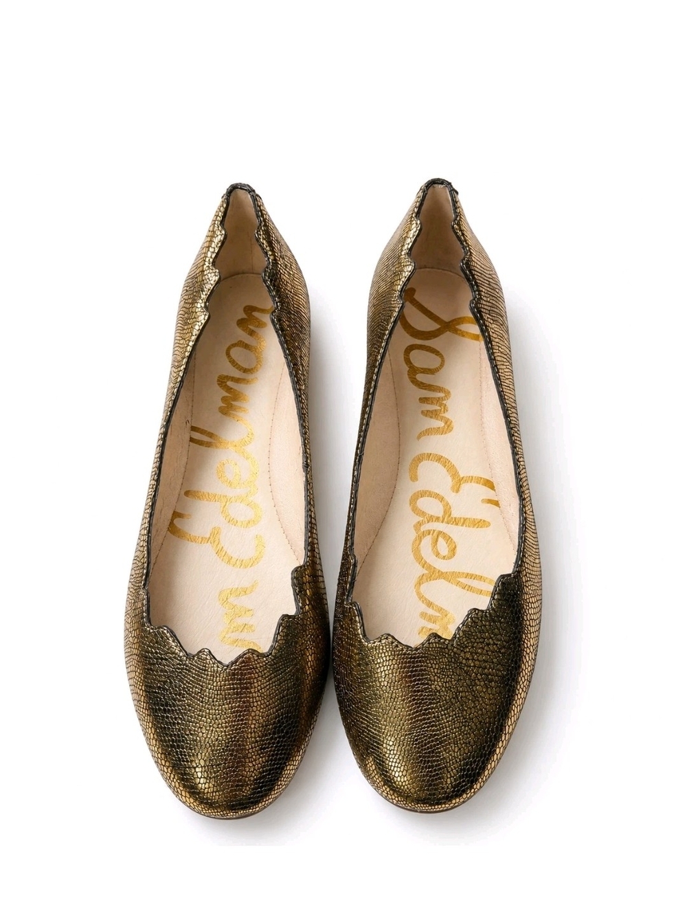 Sam Edelman Metallic Gold Lizard Embossed Scalloped Ballet Flats 7.5